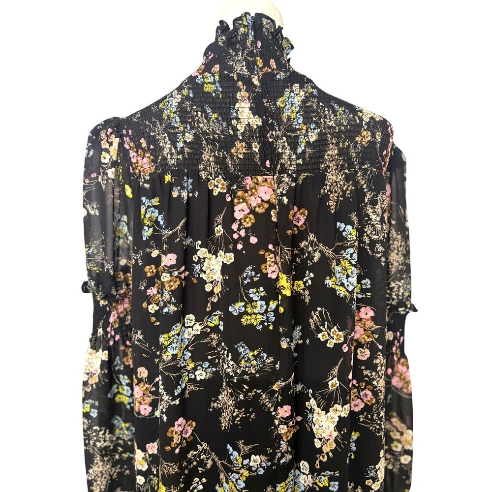 Cinq à Sept Black Floral Smocked Mini Dress Size 8 Romantic Ruffle Mock Neck - Picture 8 of 10